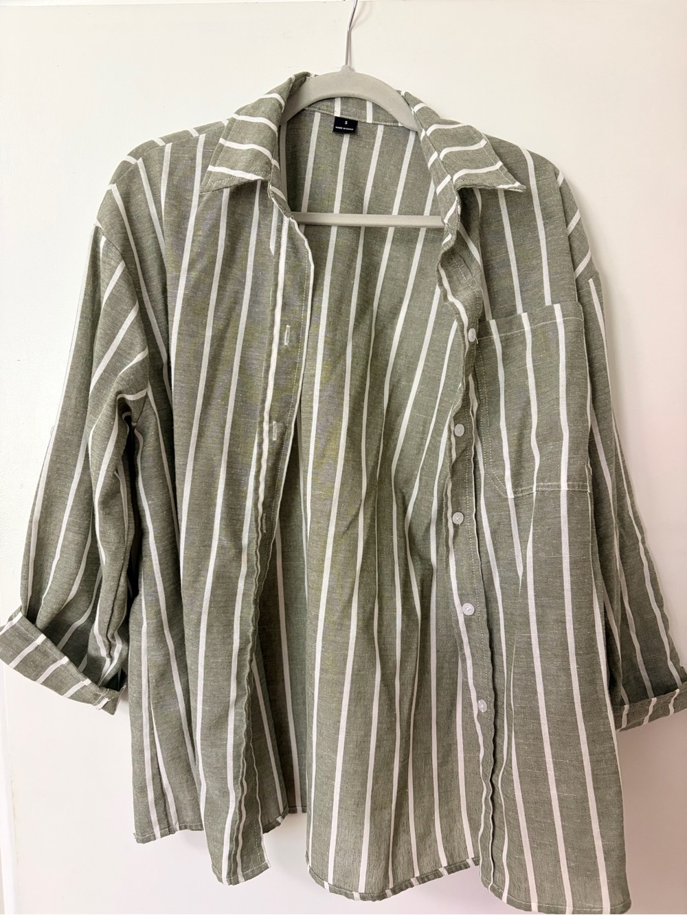 Olive Green Stripe Button-Up Shirt - Casual Linen Blend